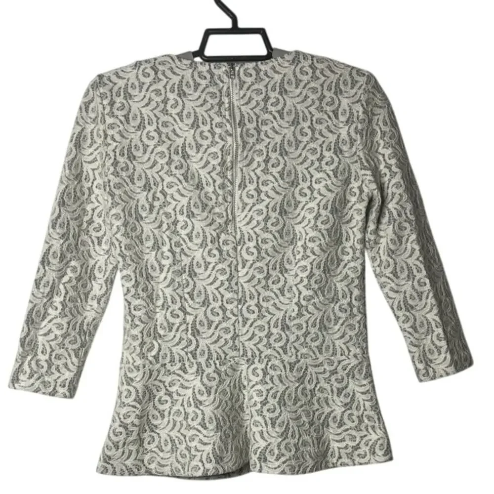 J.Crew White Lace Over Gray Cotton Peplum Top Blouse‎ Shirt 3/4 Sleeve